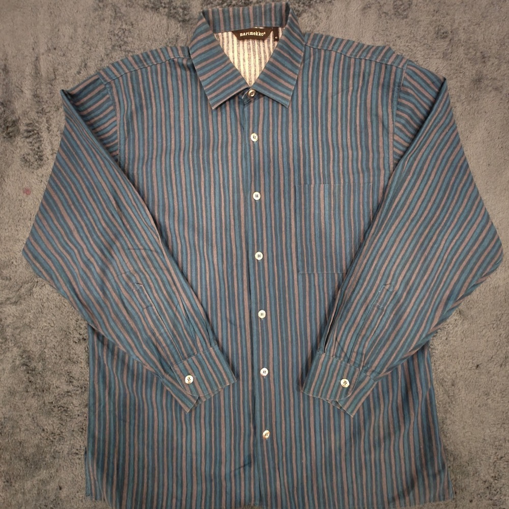 Marimekko Jokapoika Piccolo Striped Shirt Blue Gray Long Sleeve Size 40